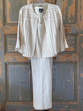 Leo & Sage 3 Piece Linen Set Embroidered Bolero Jacket Tank Pants Cream Copper
